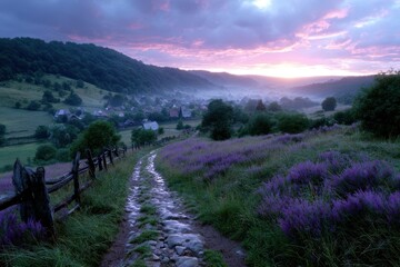 Sunrise illuminates a tranquil valley with blooming lavender and misty hills