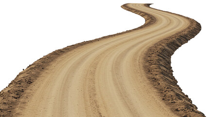 Curved dirt road isolated on a transparent background. Winding dusty dirt country road pathway turn.
