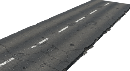 Cracked road png. Damaged cracked black asphalt road pavement segment on white. Road damage and asphalt cracks surface repair needed isolated on a transparent background