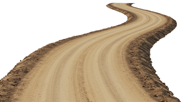 Curved dirt road isolated on a transparent background. Winding dusty dirt country road pathway turn. - Powered by Adobe
