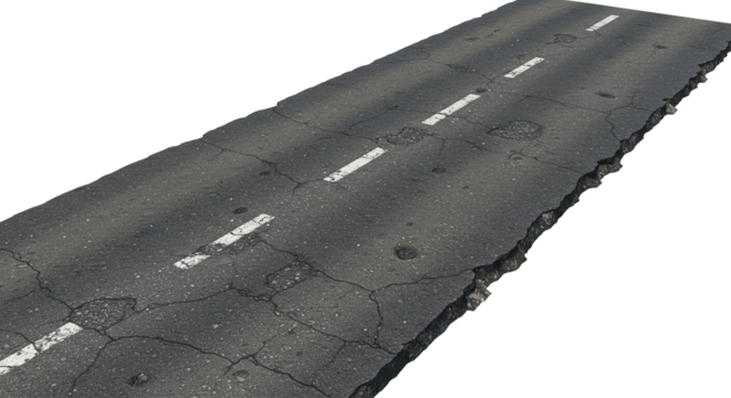 Cracked road png. Damaged cracked black asphalt road pavement segment on white. Road damage and asphalt cracks surface repair needed isolated on a transparent background