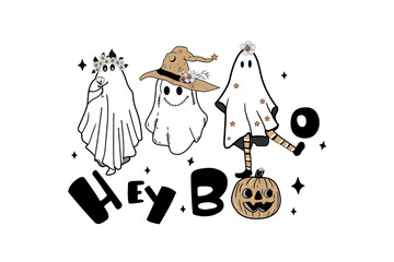 Hey Boo – Trio of Ghosts with Pumpkin Cute Typography
Illustration  