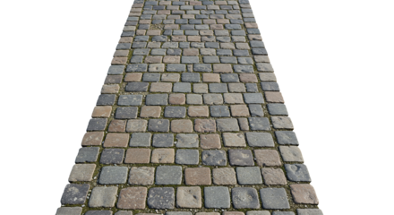 Perspective stone roadway. Old cobblestone brick street road surface. Cobblestone path texture for outdoor landscaping isolated on a transparent background