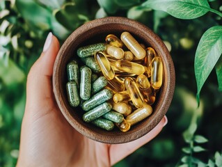 Woman holding bowl filled with various health capsules symbolizing wellness and supplements