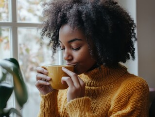 Person sipping tea in cozy sweater enjoying mindful consumption and calm self-care moment