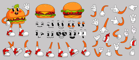 Cartoon retro hamburger character сonstruction kit with faces, hands in gloves gesture and legs poses. Groovy comic vector fast food mascot set