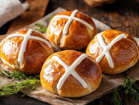 Traditional hot cross buns fresh from oven decorated icing crosses on rustic wooden table
