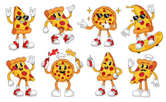 Retro cartoon pizza character pizza. Cool pizza mascot slice poses for fast food cafe pizzeria logo, groovy stickers vector set