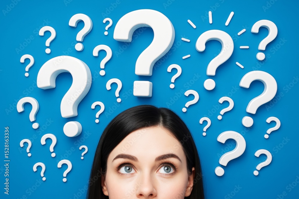 Poster woman looking up surrounded by floating white question marks on blue background, symbolizing confusi