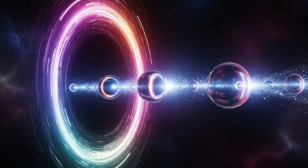 Obraz premium Intergalactic journey through colorful nebula rings and cosmic orbs in deep space