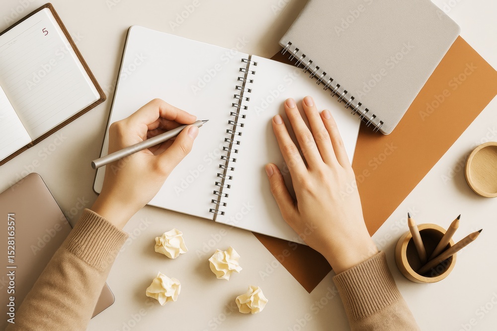 Poster top view of person writing in blank notebook on beige desk with crumpled papers, planner, and pencil