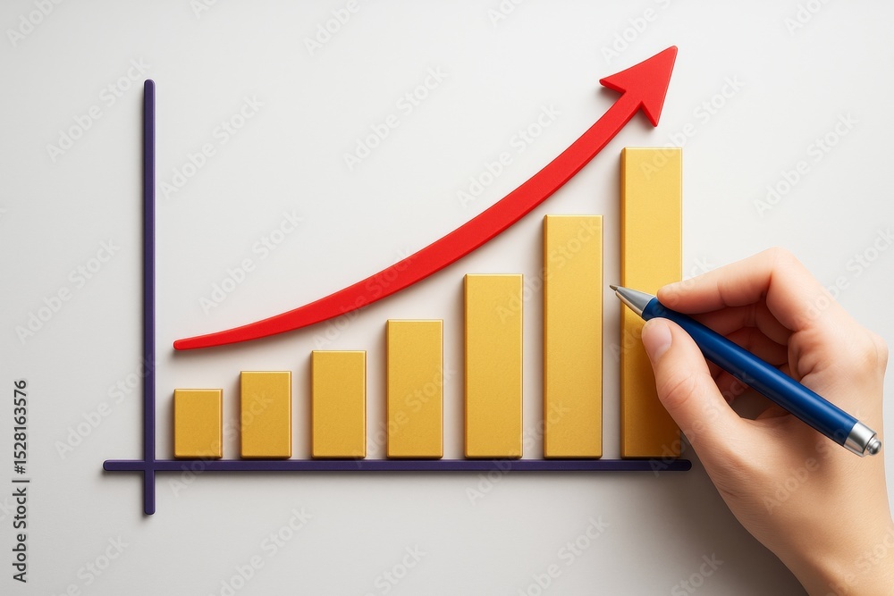 Poster hand drawing rising yellow bar chart with red upward arrow on white background, illustrating busines