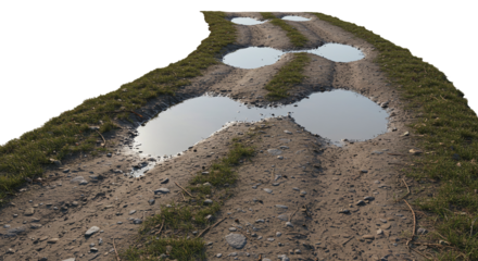 Muddy road with puddles water landscape outdoors isolated on a transparent background. Rural muddy dirt track with large water puddles