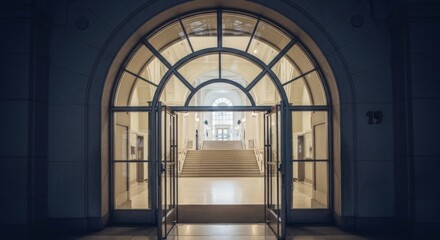 Fototapeta premium Elegant architectural entrance with arched glass doors and grand staircase in interior design concept