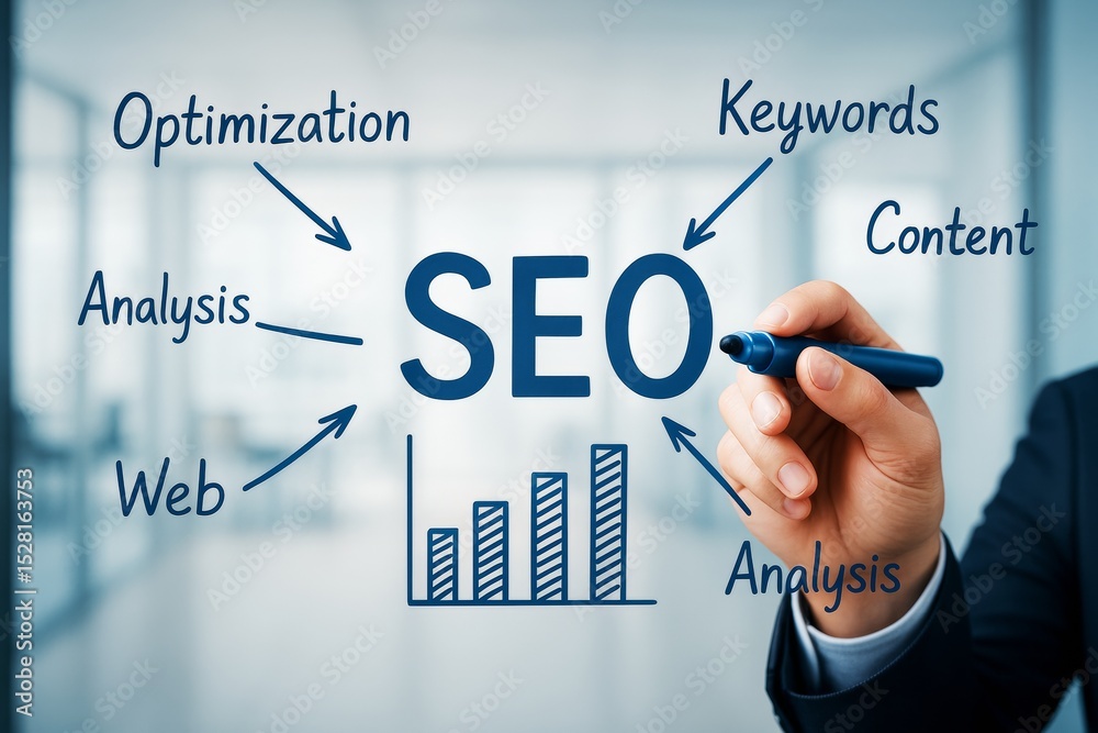 Poster seo strategy planning with keywords, optimization, analysis, and content written on transparent scre