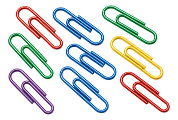A variety of colorful paper clips including red, blue, green, yellow, and purple are scattered randomly on transparent background.