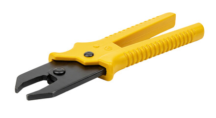 Fototapeta premium Yellow insulated wire stripper cutting hand tool isolated on a transparent background. Yellow handled crimper tool.
