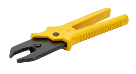 Yellow insulated wire stripper cutting hand tool isolated on a transparent background. Yellow handled crimper tool.