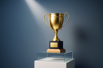 Golden trophy cup on pedestal under spotlight against dark blue wall background, symbolizing victory, excellence, or achievement in business success.