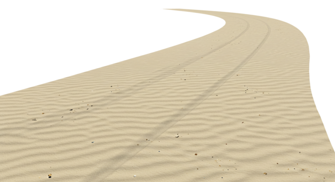 Curved sandy desert road track path. Desert landscape sand dunes travel adventure path isolated on a transparent background