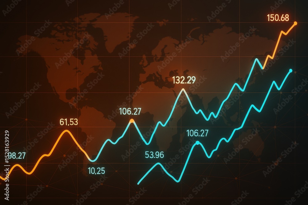 Aufkleber Glowing financial graph lines with numeric data points over world map background in abstract light style concept for global business analytics.