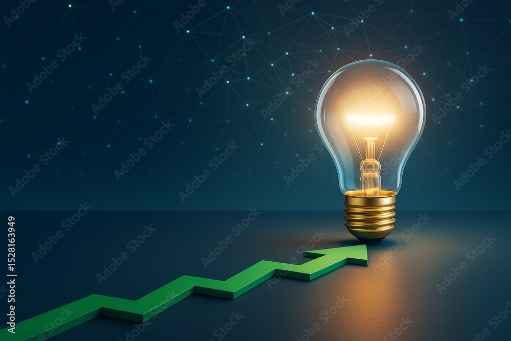 Poster light bulb with glowing filament and green arrow on dark futuristic background symbolizing business 