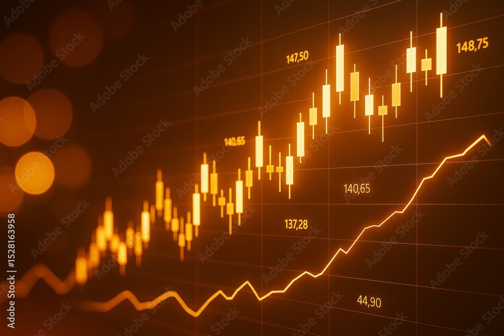 Poster glowing financial candlestick chart and line graph on dark background illustrating business data tre