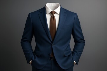 Business suit with no visible head on dark background, symbolizing anonymity in professional identity concept with formal attire focus.