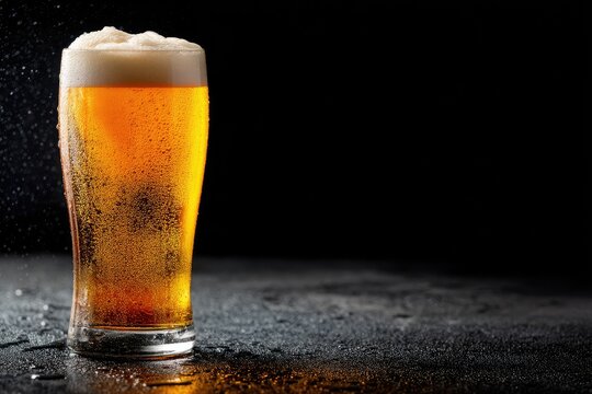 Chilled glass of golden beer with frothy foam and condensation on a wet dark surface, ideal for beverage ads, bar promotions, or drink menu designs