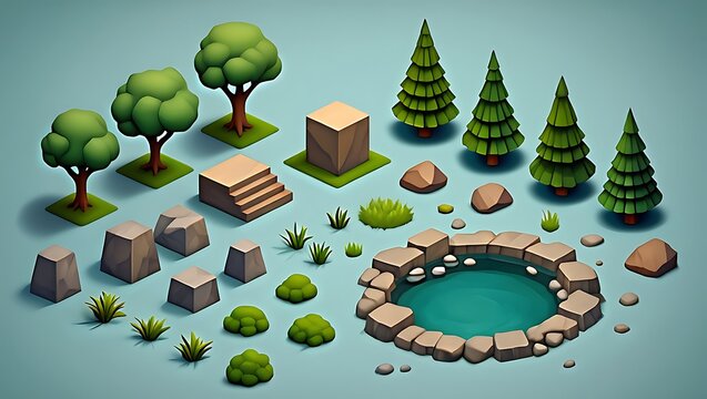 Isometric Low-Poly Game Assets Trees, Rocks, Stone Structures, and Lush Greenery for 2D/3D Game Development
