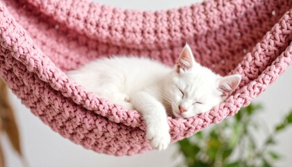 Dreamy kitten slumbering peacefully in a handmade knitted pink hammock indoors