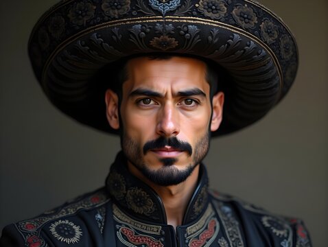 Man with a trimmed beard and mustache wears a traditional dark embroidered hat and matching garment. His expression is neutral, and his attire has intricate patterns and textures