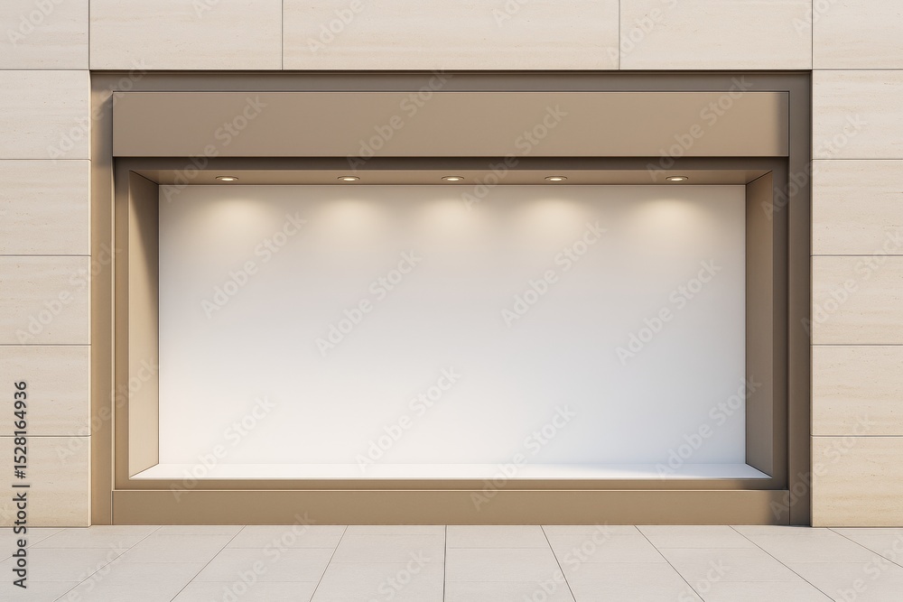Poster empty beige storefront display with spotlights, ideal for branding, advertising, or poster mockup on