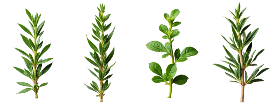 A set of four different views of a plant with green leaves.