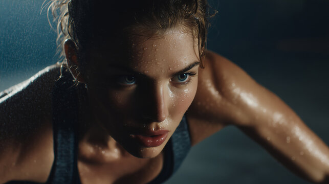Sweaty Woman Intensely Doing Burpees in Dark Garage Gym female athlete