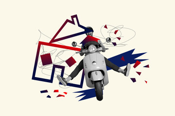 3d sketch poster trend collage of puzzled driver man ride vespa moped broke home relocation war...