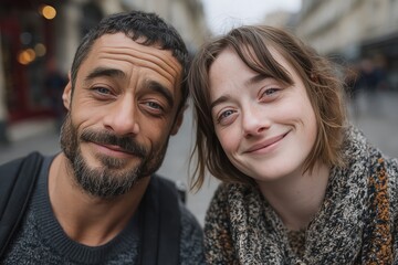 Smiling Couple Portrait Winter City Street Close Up