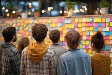 Diverse Group Reviewing Colorful Sticky Notes on a Wall