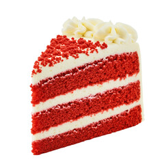 Red velvet cake slice with thick white cream cheese frosting and red crumbs on top