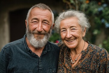 Smiling Senior Couple Portrait Outdoors in Garden