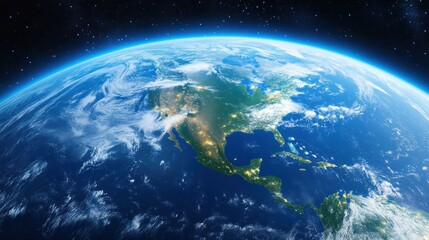Fototapeta premium A stunning view of Earth from space showcasing North America with visible city lights and atmospheric glow against a starry background.