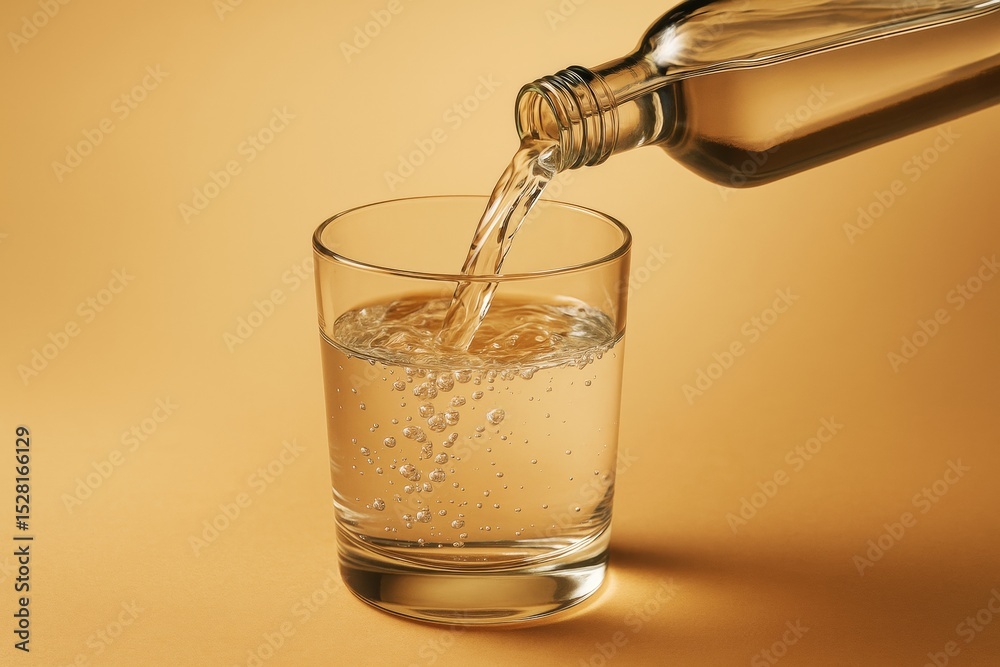 Poster pouring carbonated drink into glass on soft yellow background with light reflections and bubbly deta