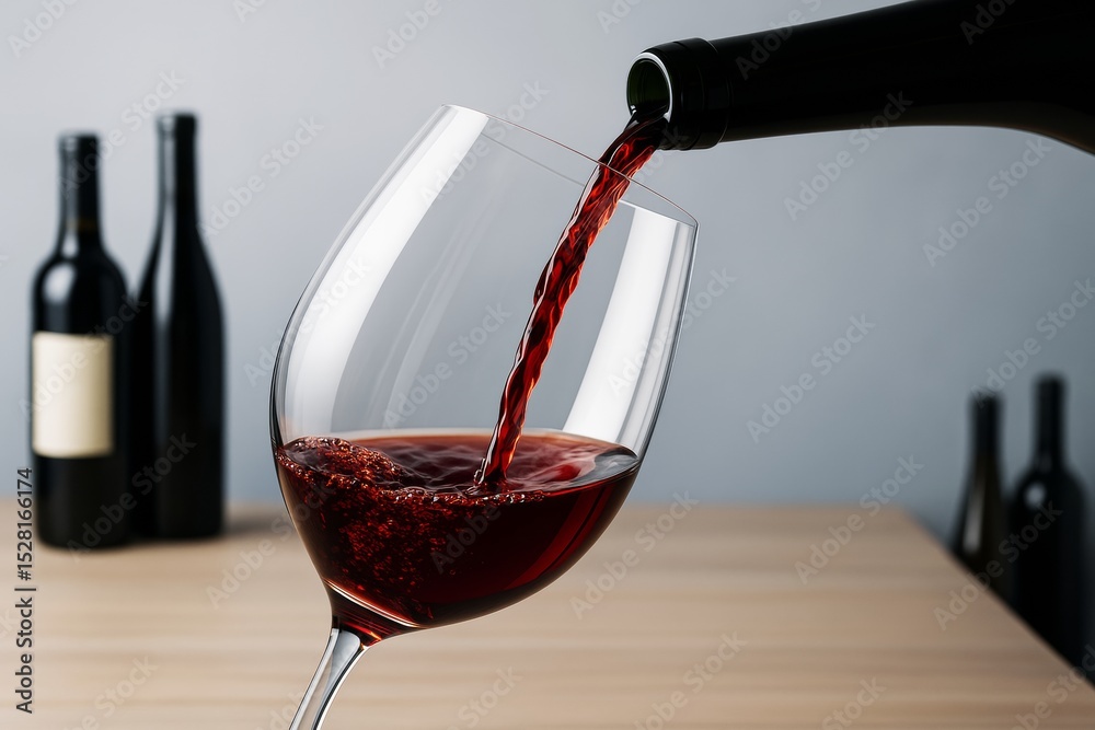 Aufkleber Pouring red wine into a clear glass on wooden table with unfocused bottles in background under soft light in minimalistic abstract composition.