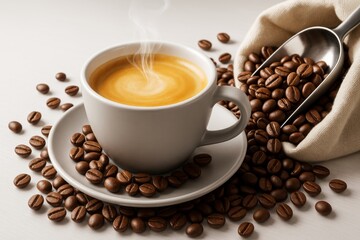 Fototapeta premium Steaming cup of espresso surrounded by scattered roasted coffee beans and scoop on light wooden background with creative warm composition..