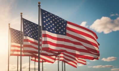 Waving flags red white and blue patriotic symbols