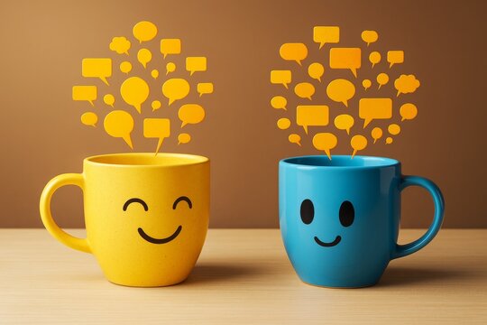 Happy yellow and blue mugs with smiling faces and floating speech bubbles on wooden surface and brown background, symbolizing creative drink chat..