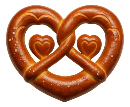 Heart-shaped pretzel with smooth golden-brown crust and sprinkled with coarse salt on transparent background.