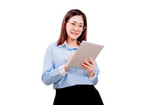 Asian young beautiful woman wearing glasses and a blue striped shirt is smiling while holding and interacting with a tablet. - Powered by Adobe