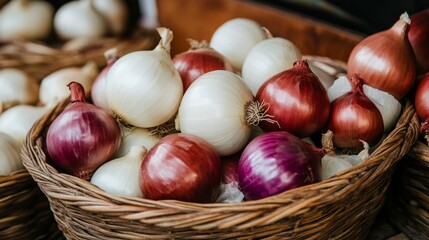 Onions, red and white, bundled together in a woven basket, old kitchen style generative ai
