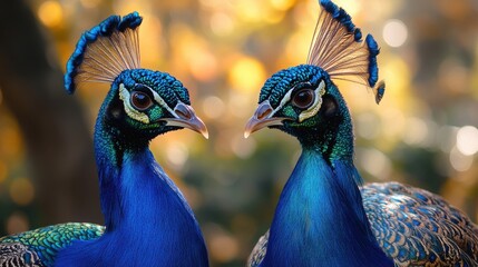 Close-up of Three Vibrant Blue Peacocks in Natural Habitat with Golden Bokeh
